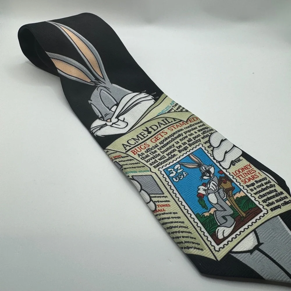 Looney Tunes OS Necktie Mens Black Bugs Bunny Stamp Collection Vintage 1997 ACME